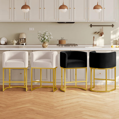 Modern Counter Height Bar Stools,Bar Stools Set of 3,Velvet Fabric Upholstered Barrel Barstools with Backs,26'' Kitchen Island Chairs,Metal Gold Frames,Ink Black Velvet