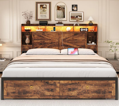 King Size Bed Frames with Storage Headboard and 4 Drawers, Farmhouse Platform Bed Frame with Charging Station & LED Lights, Metal Slats Support, Noise Free, No Box Spring Needed, Rustic Brown