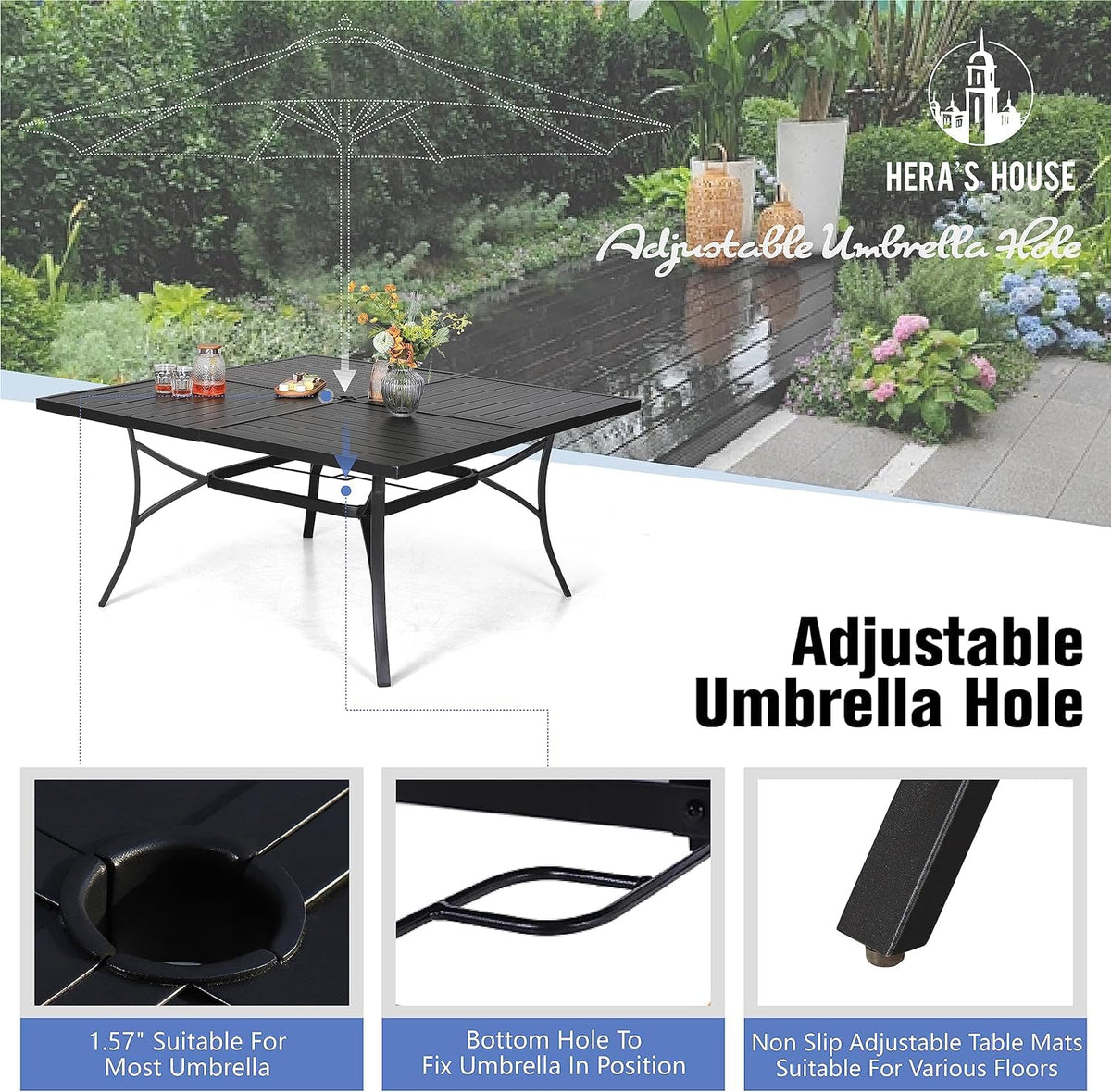 Patio Dining Set 9 Pieces, Outdoor Table and Chairs Set for 8, 8 x Red Textilene Dining Chair, 60" Square Metal Dining Table with 1.57" Umbrella Hole, for Lawn Garden Backyard Deck