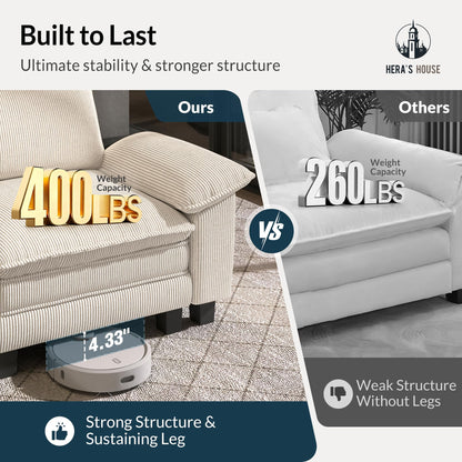 2 Pieces Modular Sectional Sofa Sets, Oversized Couch Set with Loveseat and Armchair, Comfy Cloud Couches with Throw Pillows, 3-Seater Deep Seat Sofa for Living Room, Corduroy Beige