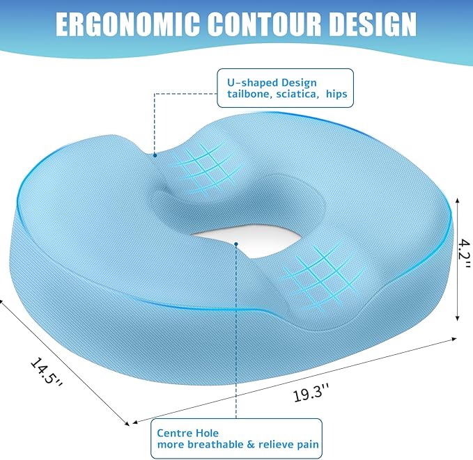 BlissTrends Donut Pillow Seat Cushion, Chair Cushions for Postpartum Pregnancy & Hemorrhoids, Tailbone Pain Relief Cushion, Memory Foam Lifting Cushions for Office&Home Chairs (Light Blue, XX-Large)