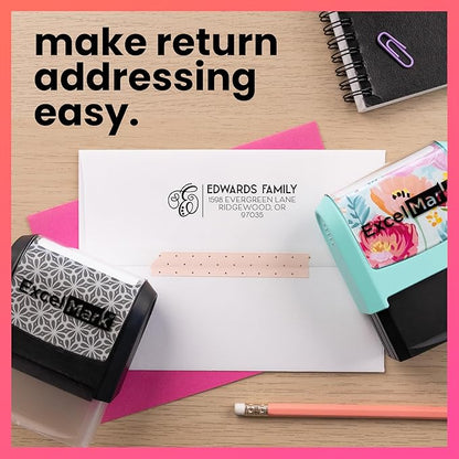 ExcelMark Address Stamp - Custom Return Address Stamp with Elegant Designs, Vibrant Colors & Patterns – Perfect for Mail, Invitations & Gifts (Violet Mount, Script Swirl)