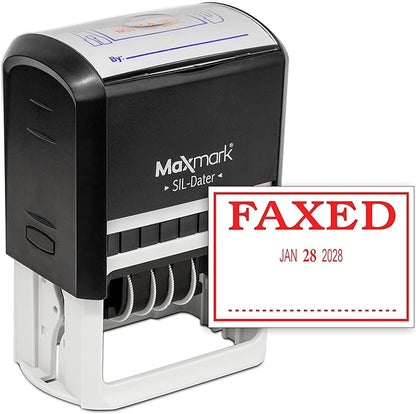 MaxMark Large Self-Inking Rubber Date Office Stamp with Faxed Phrase & Date - Red Ink, 12-Year Band - Style 3