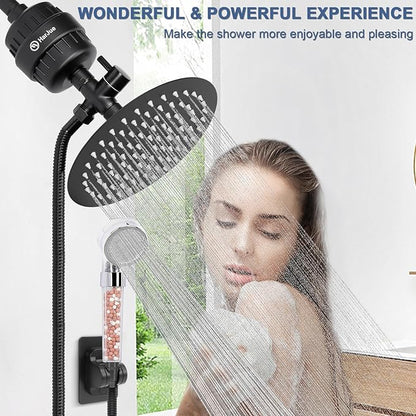 HarJue Filter Shower Head, High Pressure 8 Inch Rainfull with Filter Combo for Hard Water, Remove Chlorine Fluoride and Harmful Substances- 1 Replaceable Filter Cartridge (Round, Matte Black)