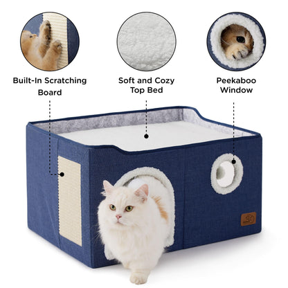 Large Cat Beds for Indoor Cats - Extra Wide Cat Cube House for Small Pet with Fluffy Ball Hanging and Scratch Pad, Foldable Pet Cave Hideaway for Multiple Cats, 23.6x16.9x13 inches, Blue