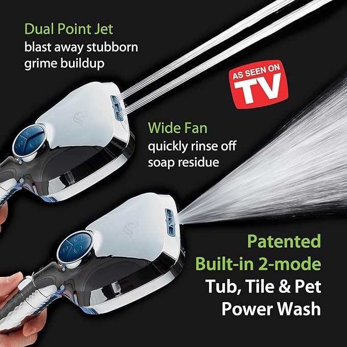 AquaCare 4X High Pressure 10 Spray Mode Filtered Showerhead - Handheld Shower Head Filters Chlorine to Heal Dry Skin, Revive Hair - Dual Power Wash Cleans Tub, Tile, Pets - Hard Water Softener, Chrome