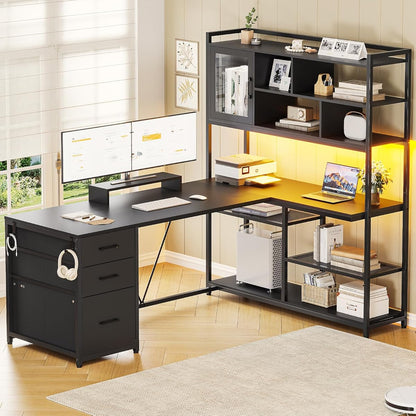 L Shaped Computer Desk, 58'' Office Desk with 3 Drawers and Bookshelf, L Shaped Corner Desk with Storage Shelves and LED Light for Home Office, Gaming Desk, L Desk, Black