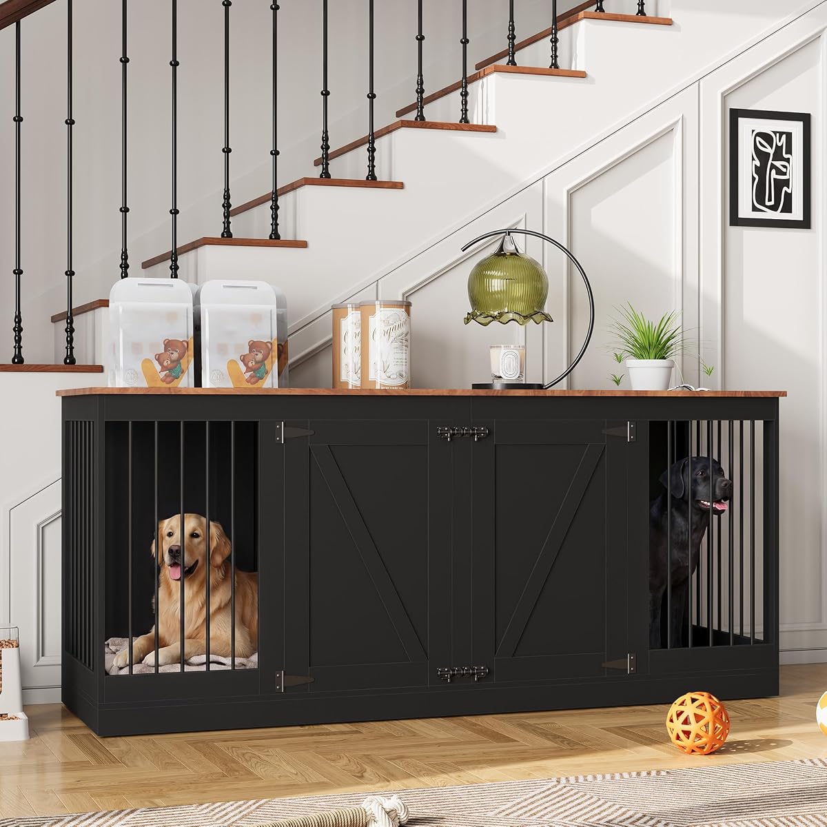 70.8" Large Dog Crate Furniture for 2 Dogs, Farmhouse Dog Crate TV Stand with Removable Divider, Heavy Duty Wooden Dog Kennel with Reinforced Steel Bars & 2 Lockable Doors