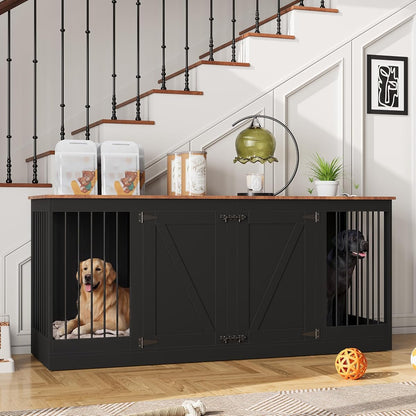 70.8" Large Dog Crate Furniture for 2 Dogs, Farmhouse Dog Crate TV Stand with Removable Divider, Heavy Duty Wooden Dog Kennel with Reinforced Steel Bars & 2 Lockable Doors