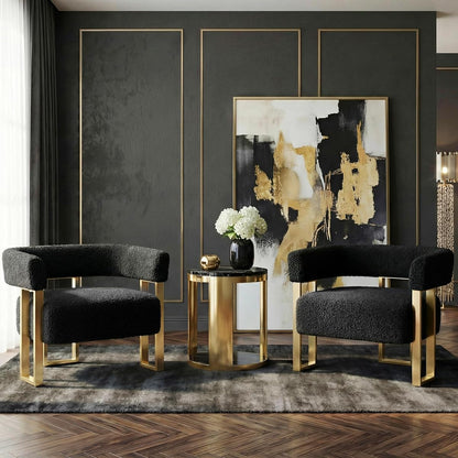Black and Gold Accent Chairs Set of 2, Boucle Barrel Chairs for Living Room | Boucle Upholstery, Curved Bucket Design, Bedroom Chair, Gold-Tone Base, Armchairs for Office, Small Space Seating