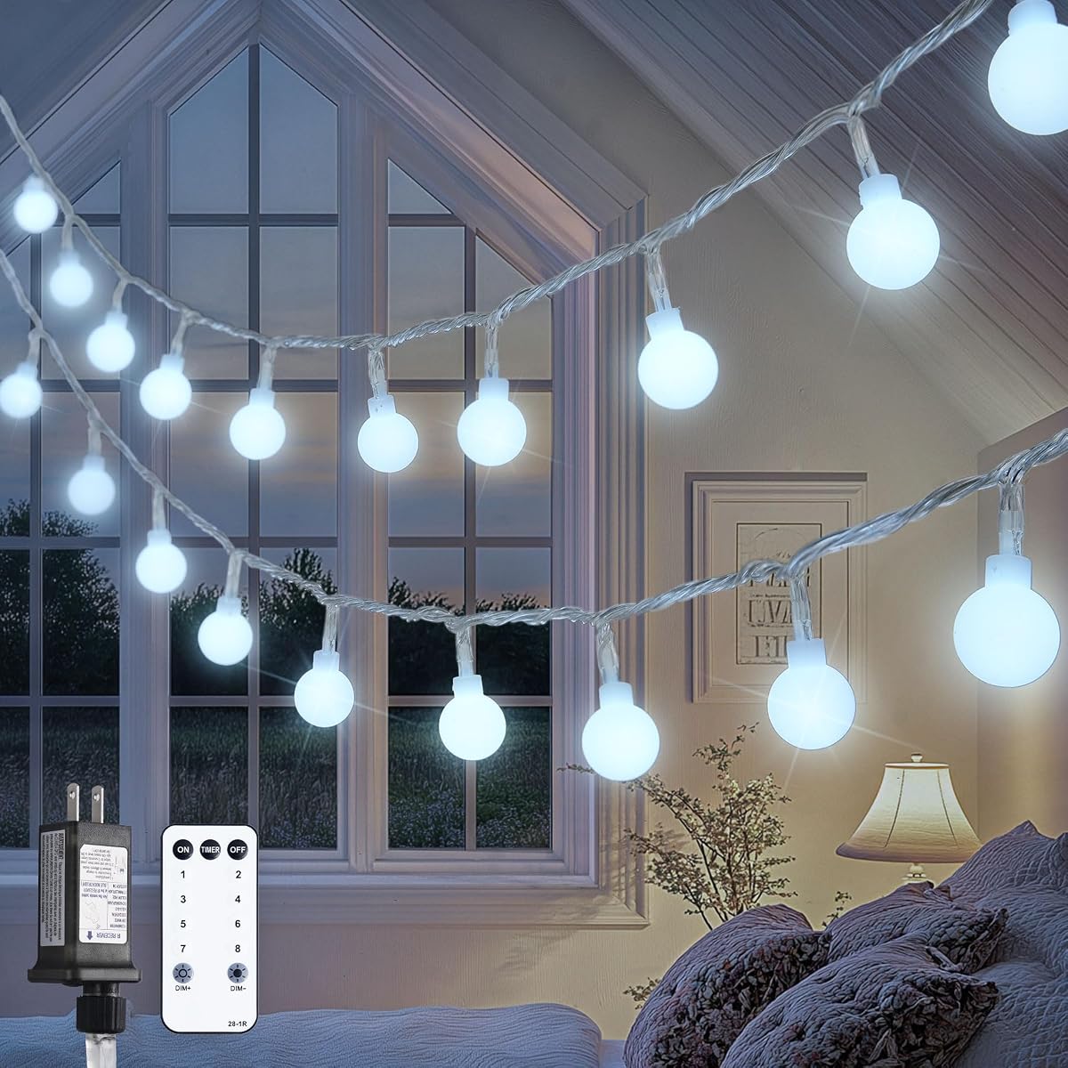 100ft Globe String Lights Indoor Outdoor Waterproof, 200 LED White Christmas Fairy Lights Plug in with Remote, Connectable Hanging Lights for Bedroom Patio Holiday Tree Party Christmas Decor