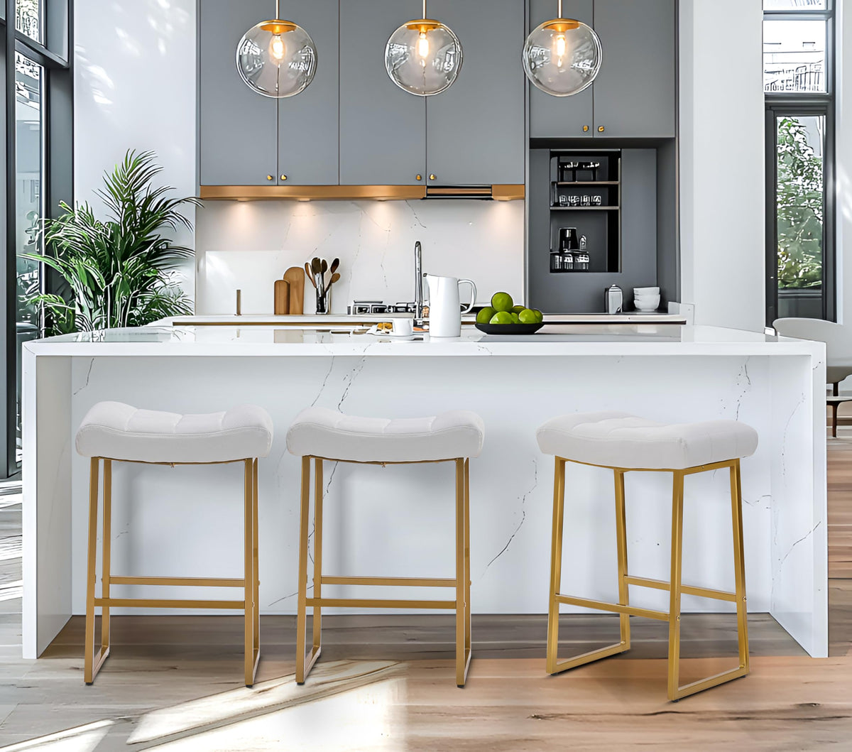 White & Gold Counter Height Bar Stools Set of 2 for Kitchen Counter Backless Kitchen Island Barstools with Upholstered Faux Leather Seat and Gold Base Modern 24 inch Bar Chairs No Back