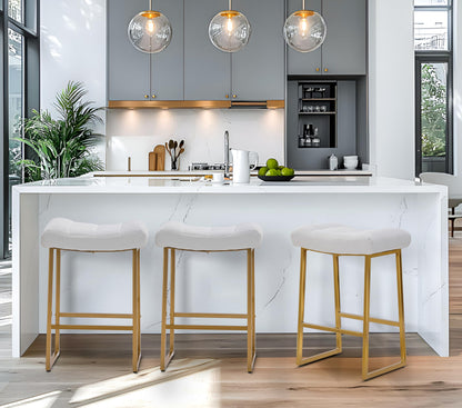 White & Gold Counter Height Bar Stools Set of 2 for Kitchen Counter Backless Kitchen Island Barstools with Upholstered Faux Leather Seat and Gold Base Modern 24 inch Bar Chairs No Back