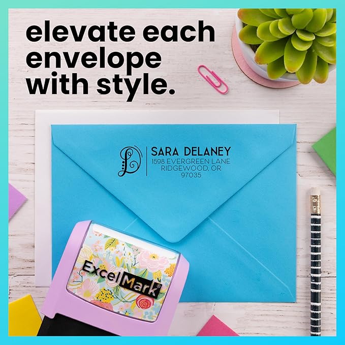 ExcelMark Address Stamp - Custom Return Address Stamp with Elegant Designs, Vibrant Colors & Patterns – Perfect for Mail, Invitations & Gifts (Violet Mount, Script Swirl)
