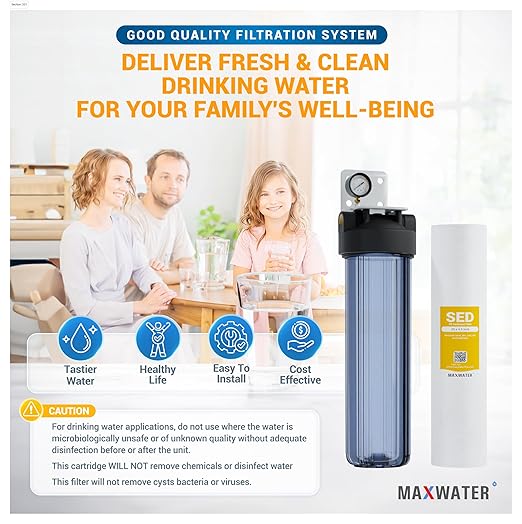 20" 1 Stage Whole House Water Filter System 1" Ports Double O Ring Clear Filter Housing + Gauge w/ 5-Micron Polypropylene Sediment Water Filter Good for RV (1 Stage Sediment 5 Micron)