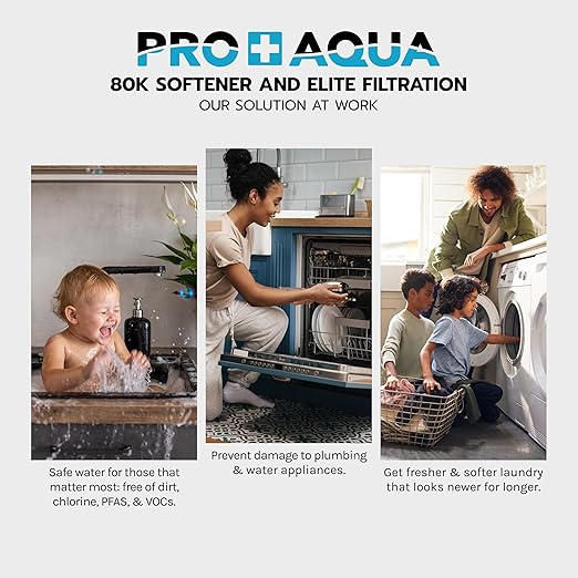 PRO+AQUA PRO-E-S80E Elite Whole House Water Filtration System & 80,000 Grain Water Softener Combo – High-Capacity Combo for Large Homes & Well Water Use
