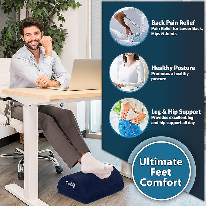 ComfiLife Foot Rest for Under Desk at Work – Adjustable Height Memory Foam Foot Stool for Under Desk, Office Chair & Gaming Chair – Ergonomic Footrest for Back & Hip Pain Relief (Navy)