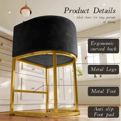 Modern Counter Height Bar Stools,Bar Stools Set of 3,Velvet Fabric Upholstered Barrel Barstools with Backs,24'' Kitchen Island Chairs,Metal Gold Frames,Ink Black Velvet