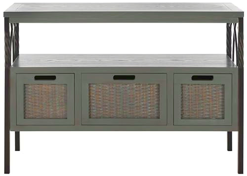 SAFAVIEH Home Collection – Joshua Ash Grey 3-Drawer Console Table with Shelf, Wicker Front Storage Drawers, Farmhouse-Inspired Accent Console for Entryway or Living Room (AMH6532B)