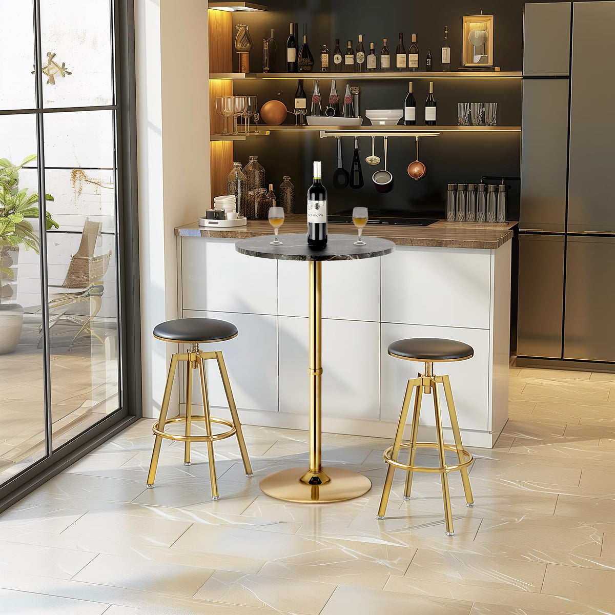 24" Round Cocktail Bar Table with Metal Base, Tall Bistro Pub Table, Counter Bar Height Table for Kitchen, Dining Room, Living Room, Easy Assembly, Black&Gold