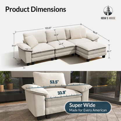 124" Modular Sectional Sofa, Oversized L Shaped Couches for Living Room, Comfy Cloud Couch with Ottoman, 4-Seater Deep Seat Sofa with Throw Pillow, Chenille Beige