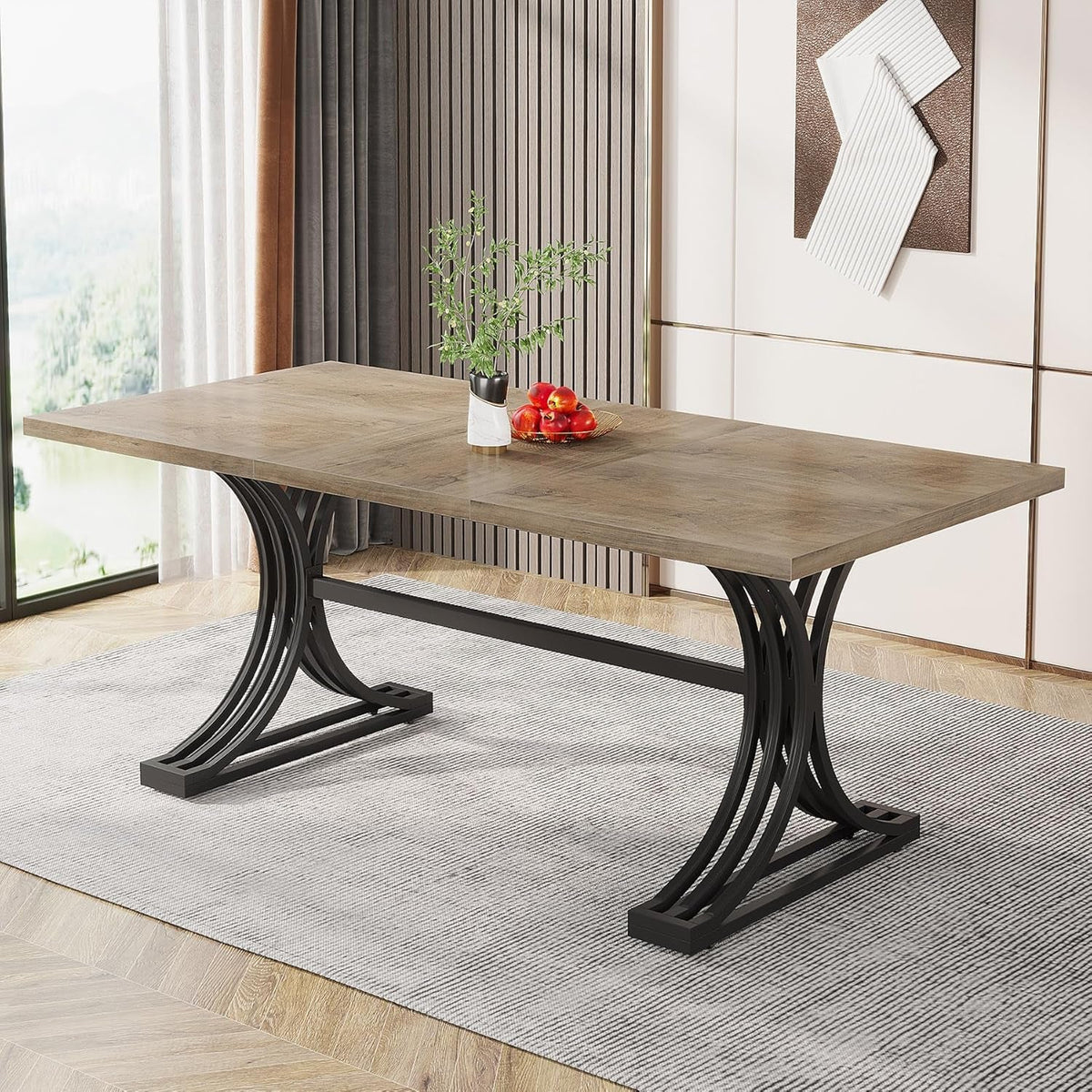 63-Inch Rectangular Dining Table for 4 to 6, Modern Kitchen Table with Stylish Metal Trestle Legs, Large Dinner Table for Dining Room, Chair Not Included (Grey+Black)