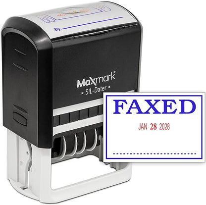 MaxMark Large Self-Inking Rubber Date Office Stamp with Faxed Phrase & Date - Blue/Red Ink, 12-Year Band - Style 3