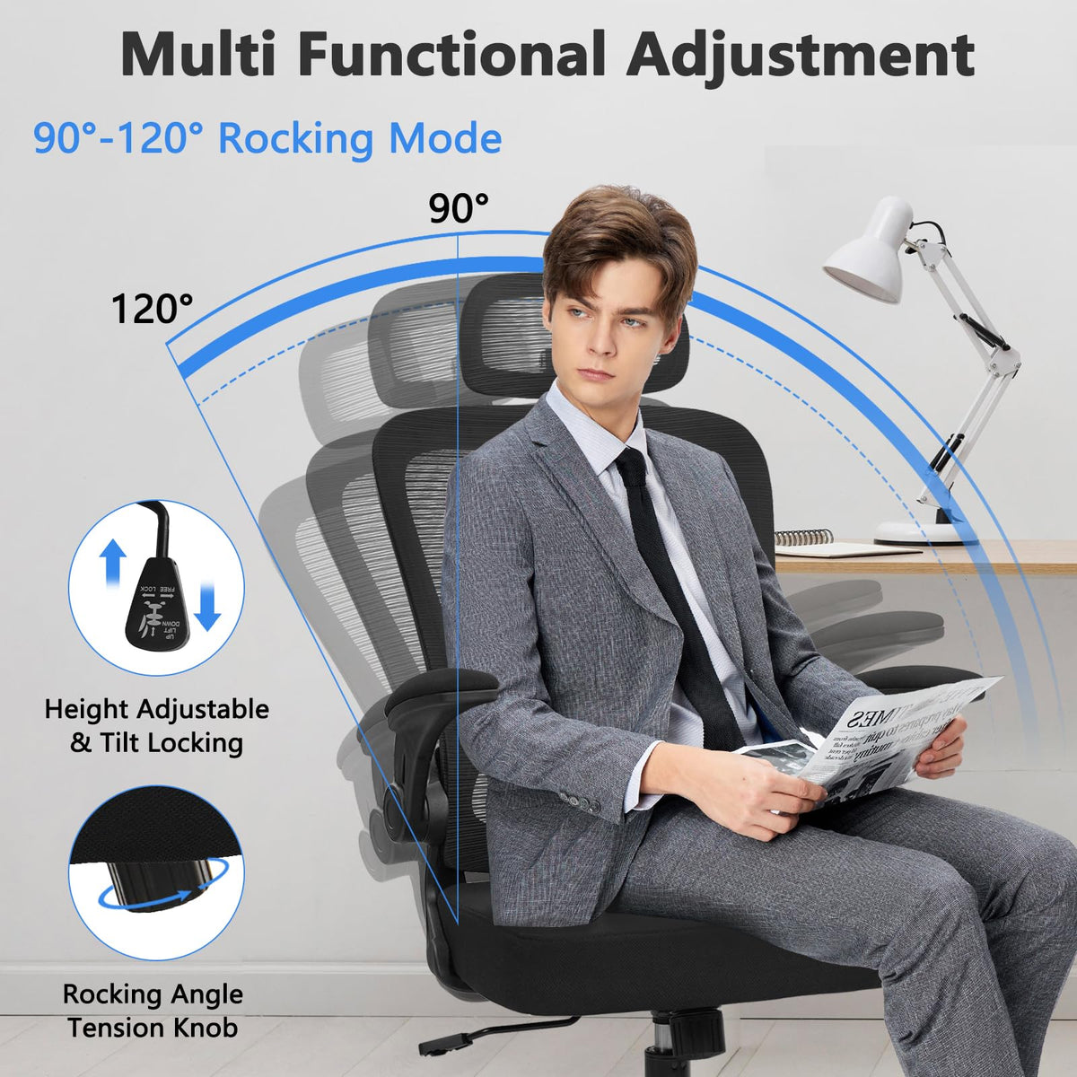 Home Office Desk Chair with Flip Up Armrests, Mesh Back Chair with Adjustable Height Lumbar Support and Headrest, Ergonomic Computer Task Chair for School, Conference, Black(2PK)