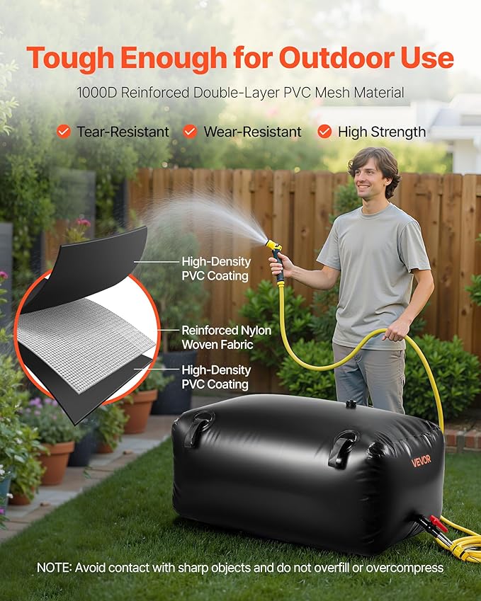 VEVOR Water Storage Bladder, 63.4 Gal Collapsible Water Storage Bag, Wear-Resistant 1000D PVC Soft Waters Bag, Leakproof Camping Tank Containers for Garden Irrigation RV Emergency Use, Black
