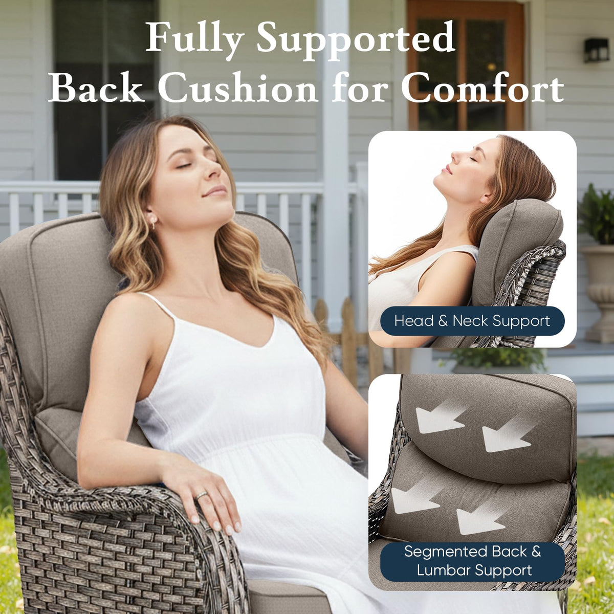 Luxury 6" Thick Cushioned Outdoor Swivel Rocker Patio Chairs Set of 4 with Side Table, High Back Wicker Furniture Set with Ergonomic Zone Back, Conversation Set for Deck Porch - Grey+Grey