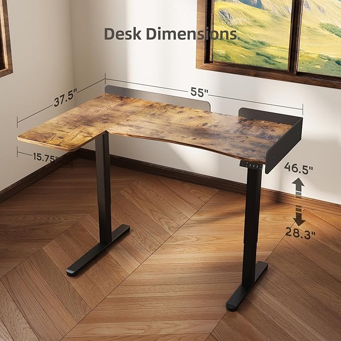Claiks L Shaped Standing Desk, 55 Inch Electric Height Adjustable Desk Left Facing Corner Workstation with Splice Board, Rustic Brown