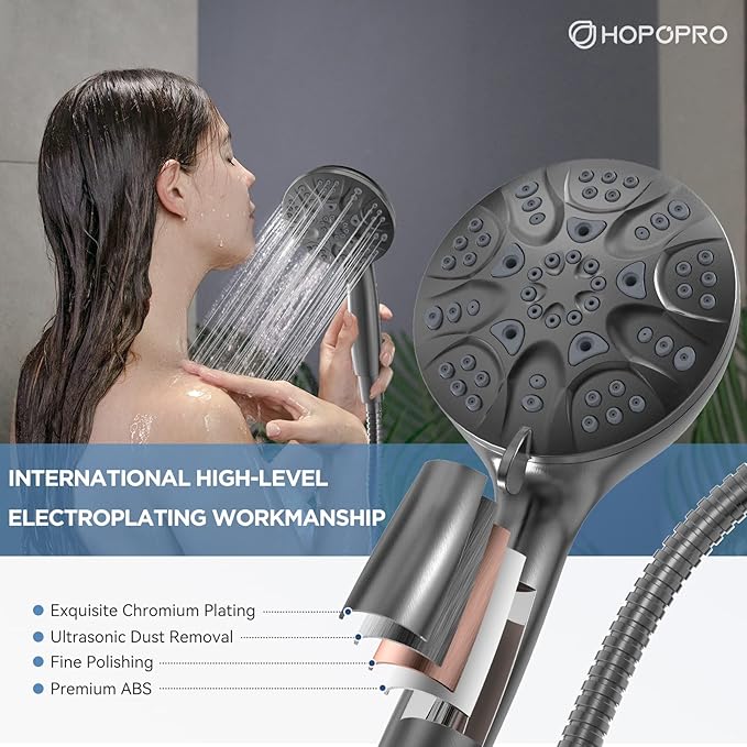 6-Mode High Pressure Handheld Shower Head Set, Consumer Reports Recommended HOPOPRO High Flow Hand Held Showerhead with 59 Inch Hose Bracket Teflon Tape Rubber Washers
