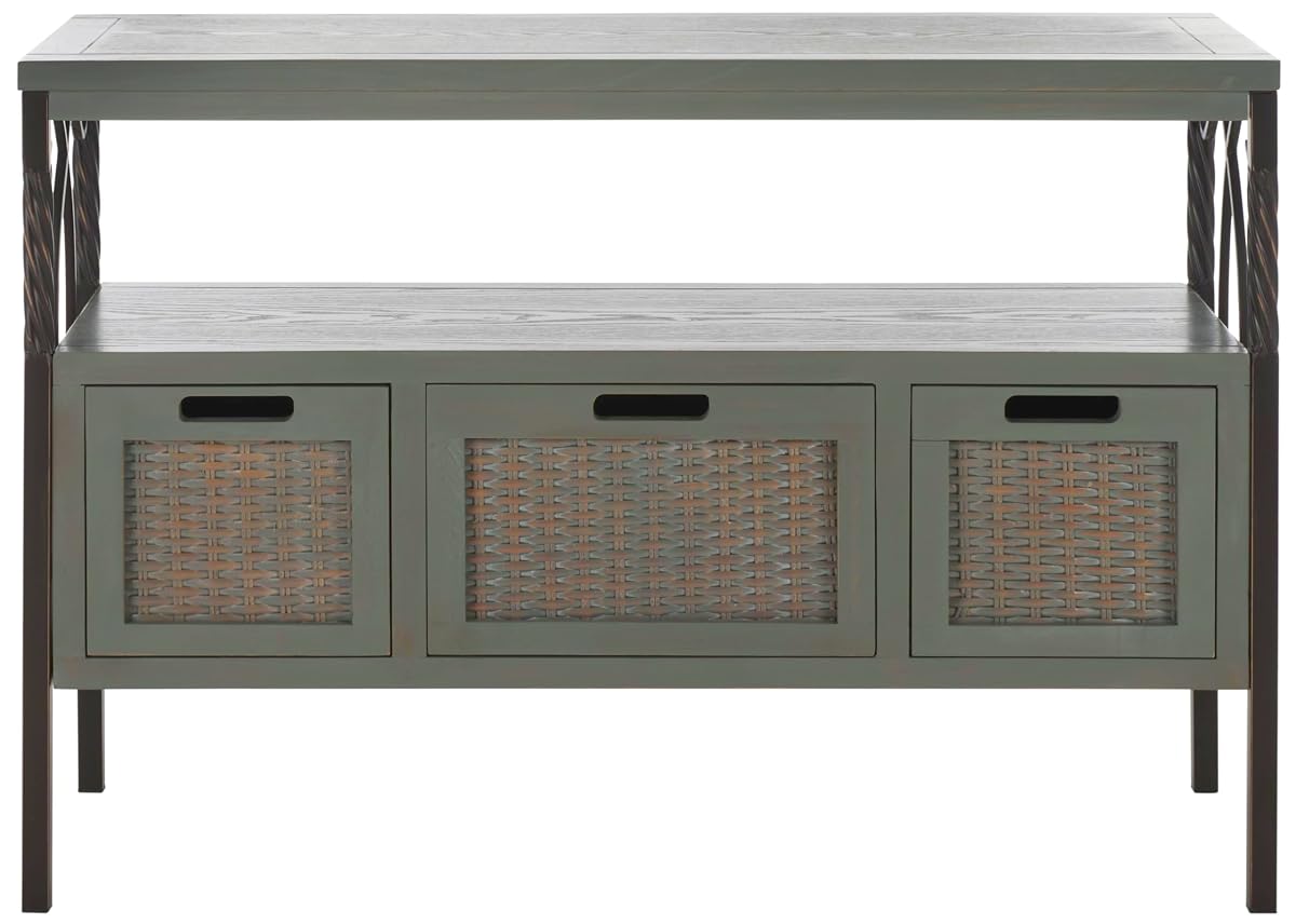 SAFAVIEH Home Collection – Joshua Ash Grey 3-Drawer Console Table with Shelf, Wicker Front Storage Drawers, Farmhouse-Inspired Accent Console for Entryway or Living Room (AMH6532B)