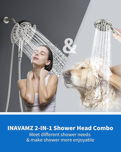INAVAMZ 2-in-1 Shower Head with Handheld Combo: 2.5GPM Rainfall Shower Head & Detachable Shower Head Use Together or Alone, 9 Spray Settings Hand Held Showerhead with Hose, Nickel