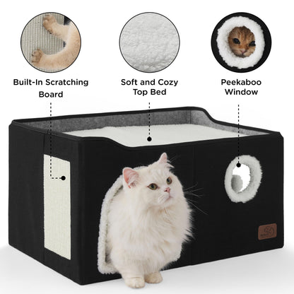 Large Cat Beds for Indoor Cats - Extra Wide Cat Cube House for Small Pet with Fluffy Ball Hanging and Scratch Pad, Foldable Pet Cave Hideaway for Multiple Cats, 23.6x16.9x13 inches, Black