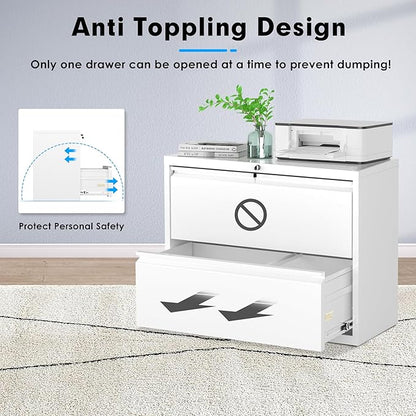 Pataku Lateral File Cabinet, 2 Drawer File Cabinet with Lock, White Filing Cabinets for Home Office, Metal File Cabinet for Hanging Files/Letters/Legal/F4/A4(2Drawer/White)