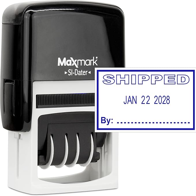 MaxMark Office Self Inking Date Stamp with Phrase Shipped - Blue Ink