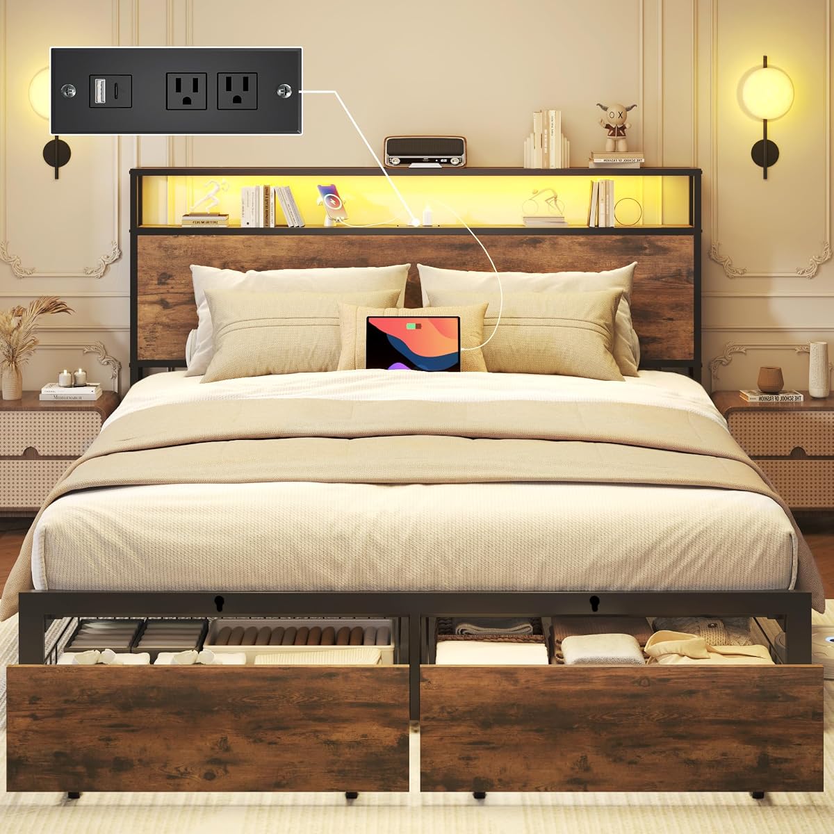 Queen Bed Frame with 2-Tier Storage Headboard, Metal Bed Frame with Storage Drawers & Built-in Charging Station & LED, Noise-Free, No Box Spring Needed, Easy Assembly, Rustic Brown