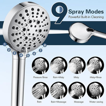 BRIGHT SHOWERS Filtered Shower Head with Handheld, High Pressure 9 Spray Mode Showerhead with Long Hose and Bracket, Water Softener Filters Beads for Hard Water - Removes Chlorine, Chrome