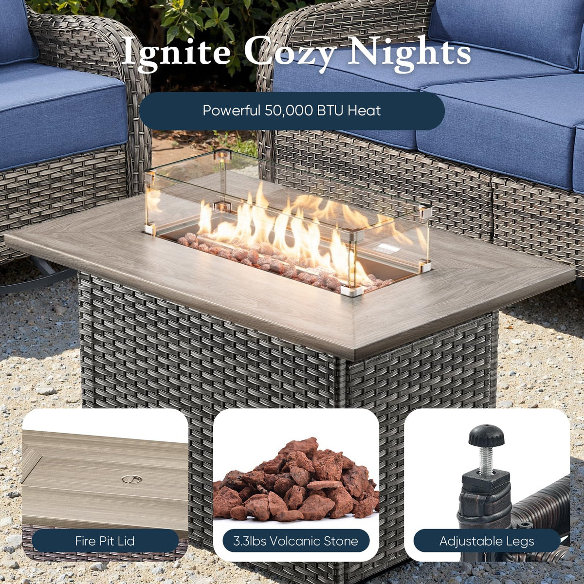 Luxury 6" Thick Cushioned 10 Pieces Patio Furniture Set with Fire Pit Table, Wicker Outdoor Conversation Set with High Back Swivel Rocker Chairs for Deck Porch Yard and Poolside - Grey+Grey