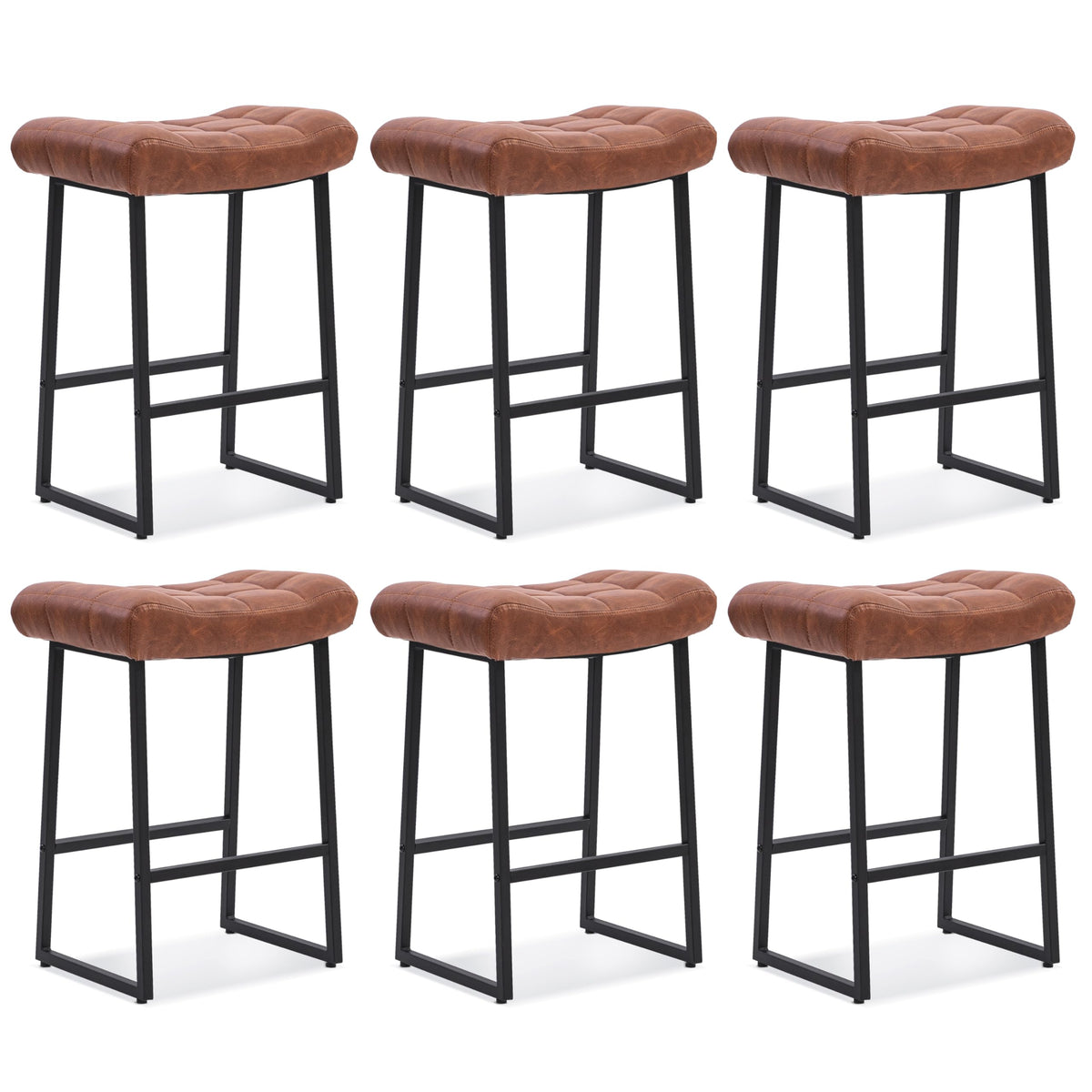 Modern Bar Stools Set of 6 for Kitchen Counter 24 inch Counter Height Backless Barstools with Upholstered Faux Leather Saddle Seat and Metal Frame Industrial Bar Chairs, Brown