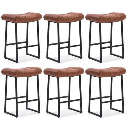 Modern Bar Stools Set of 6 for Kitchen Counter 24 inch Counter Height Backless Barstools with Upholstered Faux Leather Saddle Seat and Metal Frame Industrial Bar Chairs, Brown