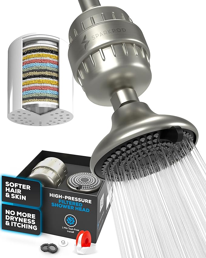 SparkPod 23-Stage Filtered Shower Head with 3 Spray Settings - High Pressure Shower Head with Filters for Dry Hair and Skin - Showerhead with Filter Reduces Chlorine & Heavy Metals (Brushed Nickel)