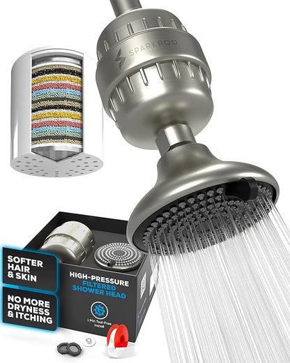 SparkPod 23-Stage Filtered Shower Head with 3 Spray Settings - High Pressure Shower Head with Filters for Dry Hair and Skin - Showerhead with Filter Reduces Chlorine & Heavy Metals (Brushed Nickel)