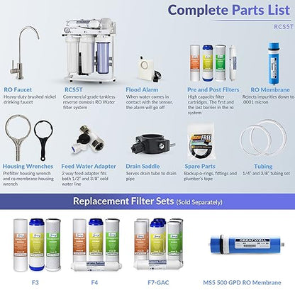 iSpring RCS5T Commercial Tankless Reverse Osmosis RO Water Filter System with 1.5:1 Pure to Drain Ratio, Pressure Gauge