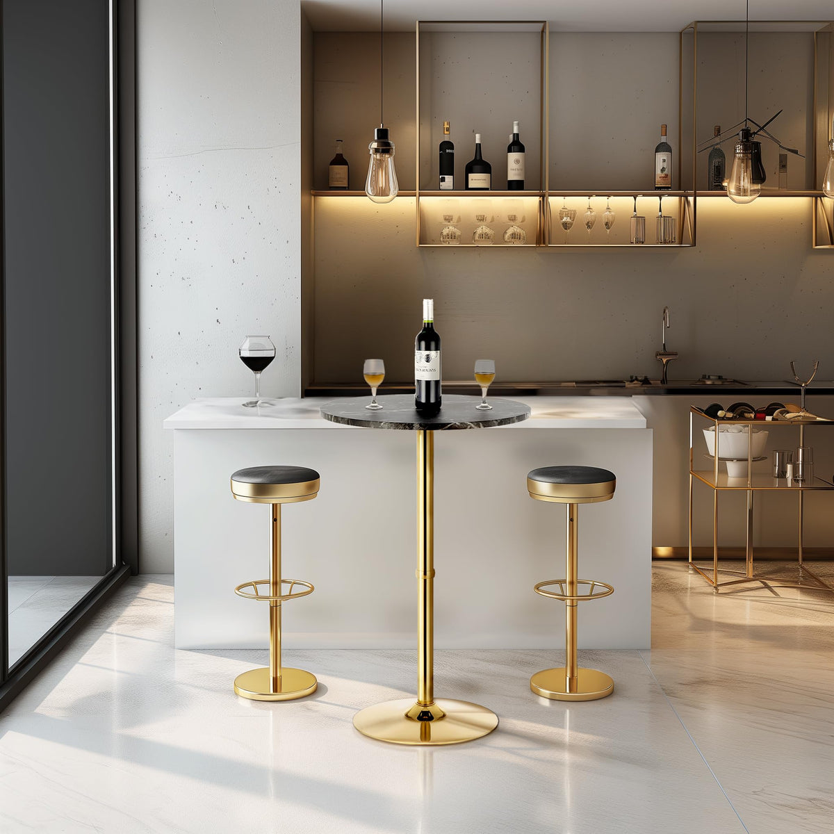24" Round Cocktail Bar Table with Metal Base, Tall Bistro Pub Table, Counter Bar Height Table for Kitchen, Dining Room, Living Room, Easy Assembly, Black&Gold