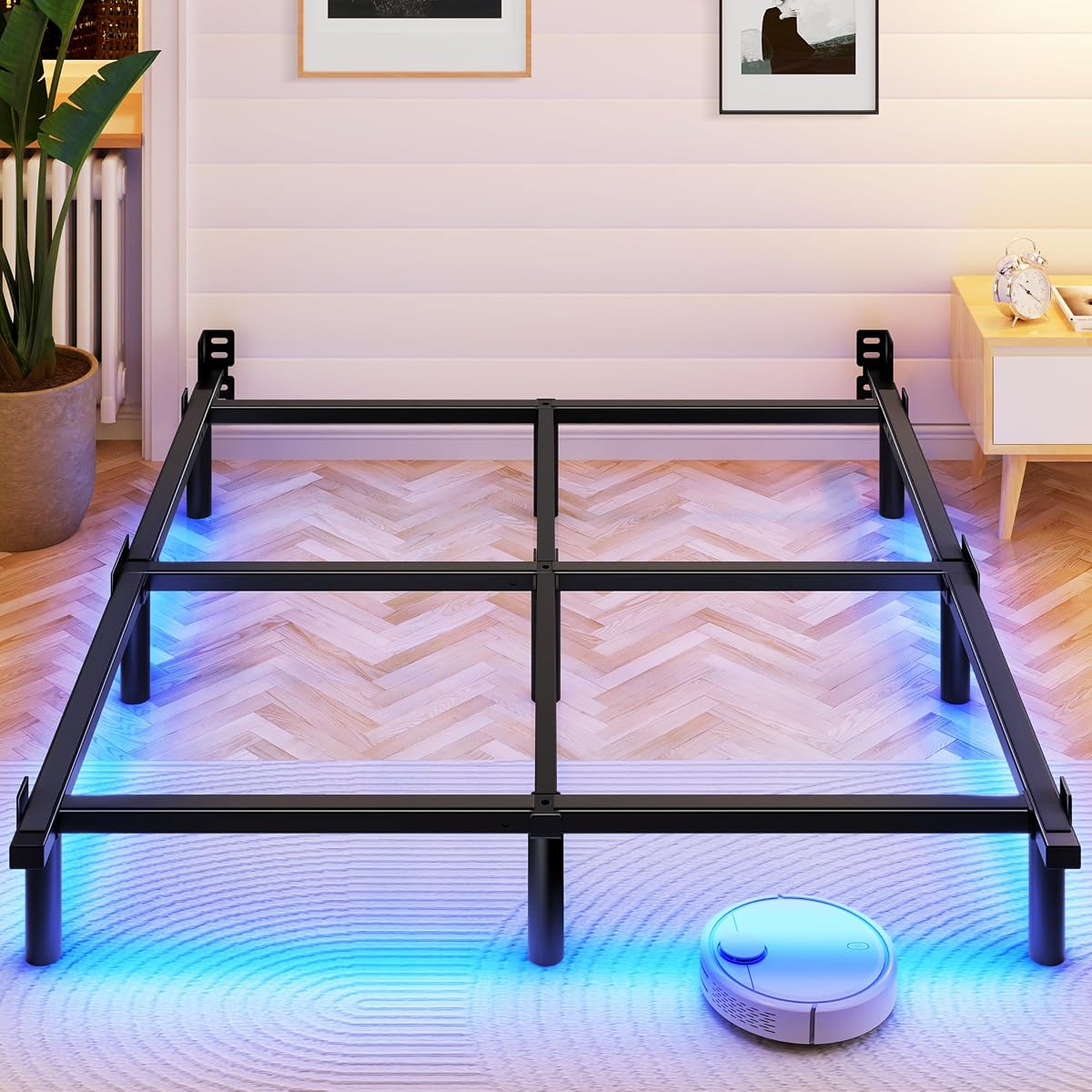 Queen Bed Frame with LED Light, 7 Inch Heavy Duty Metal Base for Box Spring