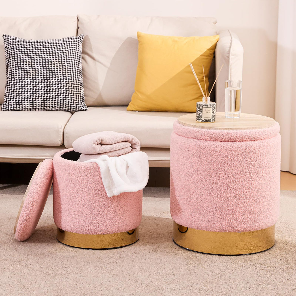Sherpa Round Ottoman Set of 2 with Storage, 12 Gallon Hidden Storage Ottoman, Multi-Functional Footrest Stool, Vanity Seat, Coffee Table, No Assembly Required, Holds 300lbs (Teddy Pink)