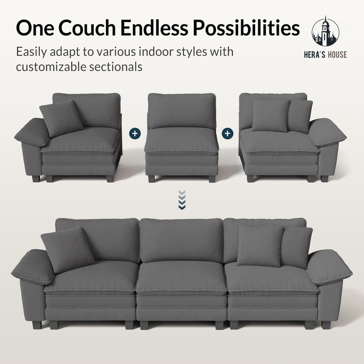 124" Modular Sectional Sofa, Oversized L Shaped Couches for Living Room, Comfy Cloud Couch with Ottoman, 4-Seater Deep Seat Sofa with Throw Pillow, Corduroy Grey