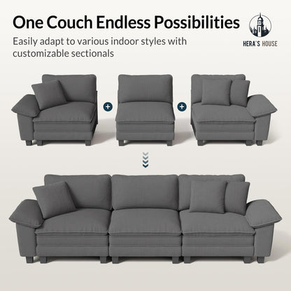 124" Modular Sectional Sofa, Oversized L Shaped Couches for Living Room, Comfy Cloud Couch with Ottoman, 4-Seater Deep Seat Sofa with Throw Pillow, Corduroy Grey